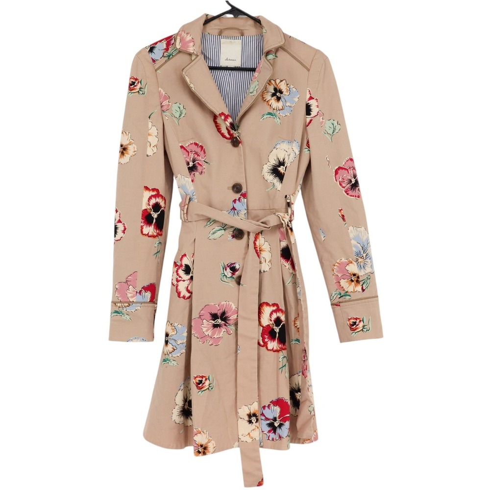 Elevenses Anthropologie Floral Pansy Trench Coat Tan Lace Up Back Belted Size 6